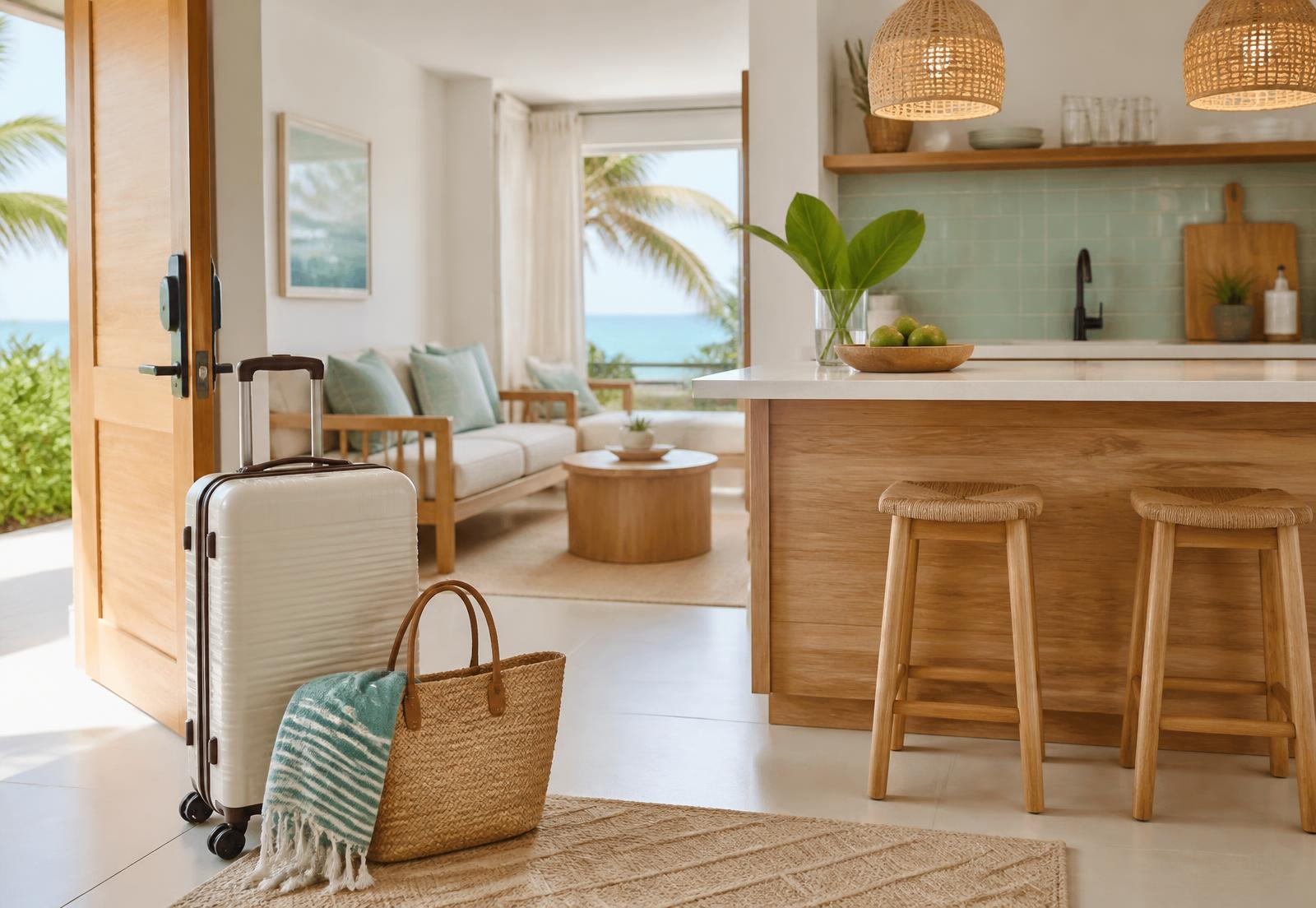 Bright Aruba vacation-rental living room with a packed suitcase and beach bag by the open doorway and a tidy kitchen counter behind